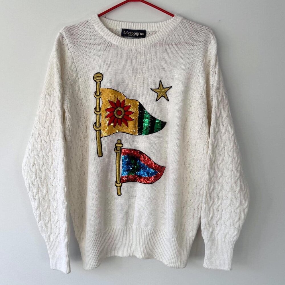 80s vintage cream rainbow sequin nautical flag long sleeved cable knit sweater